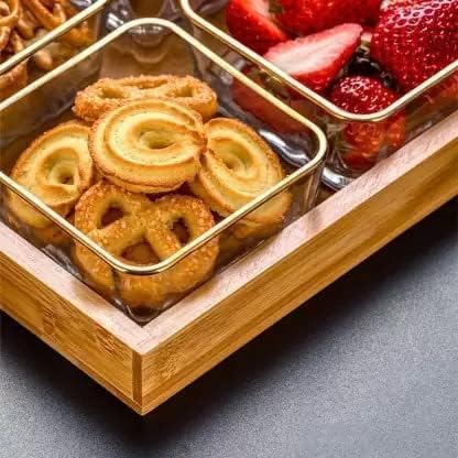 4 Piece Square Glass Bowls Set with Wood Tray, Condiment Dishes Serving Bowls for Fruit Dessert Appetizer Nuts Snacks (4 Serving Bowl with Wooden Tray)