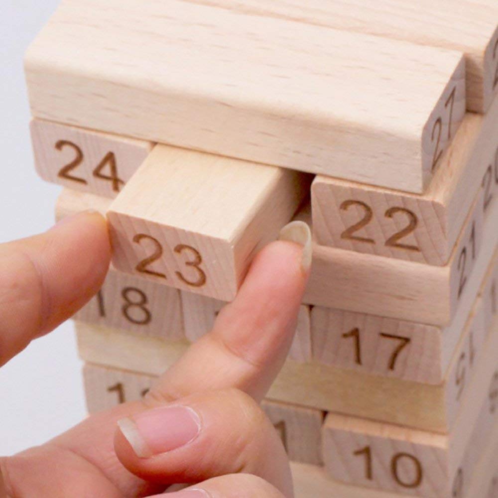 Wooden Block Stacking Game Tumbling Tower Balance Toy with Dice Number Blocks Family Party Educational Game for Kids and Adults (54 PCS Wooden ZENGA Blocks)