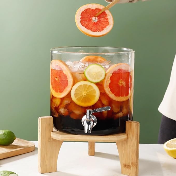 Glass Beverage Dispenser with Wooden Stand, 2.6 Liter Capacity, Airtight Lid, Wide Mouth Design for Juice, Water, Beer, Home and Party Use