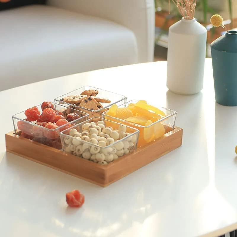 4 Piece Square Glass Bowls Set with Wood Tray, Condiment Dishes Serving Bowls for Fruit Dessert Appetizer Nuts Snacks (4 Serving Bowl with Wooden Tray)