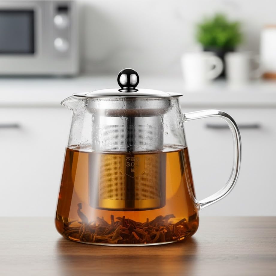 Italian Premium 550 ML Borosilicate Glass Teapot with Stainless Steel Infuser & Lid – Clear Round Tea Kettle for Loose Leaf, Blooming Tea & Fruit Infused Drinks