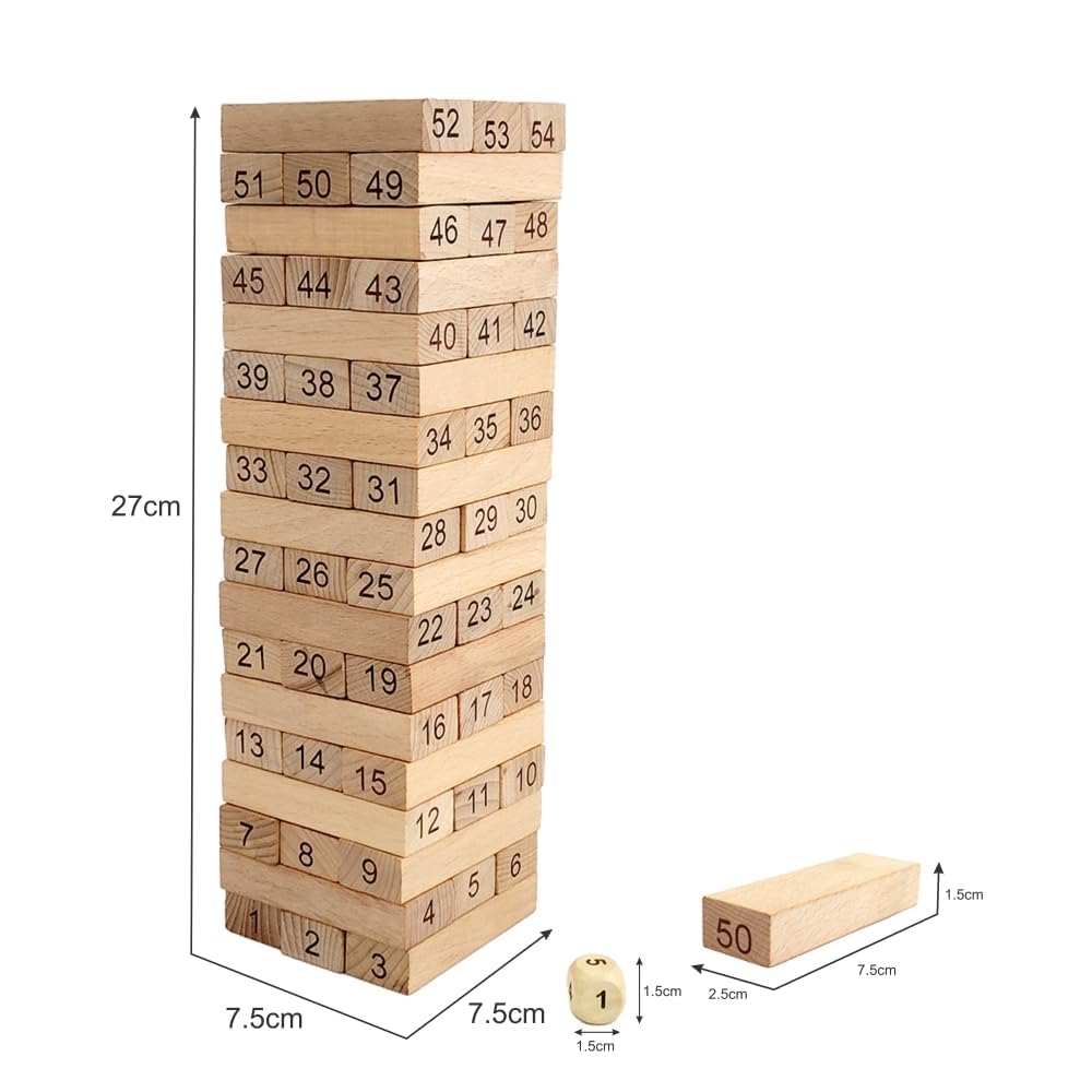 Wooden Block Stacking Game Tumbling Tower Balance Toy with Dice Number Blocks Family Party Educational Game for Kids and Adults (54 PCS Wooden ZENGA Blocks)