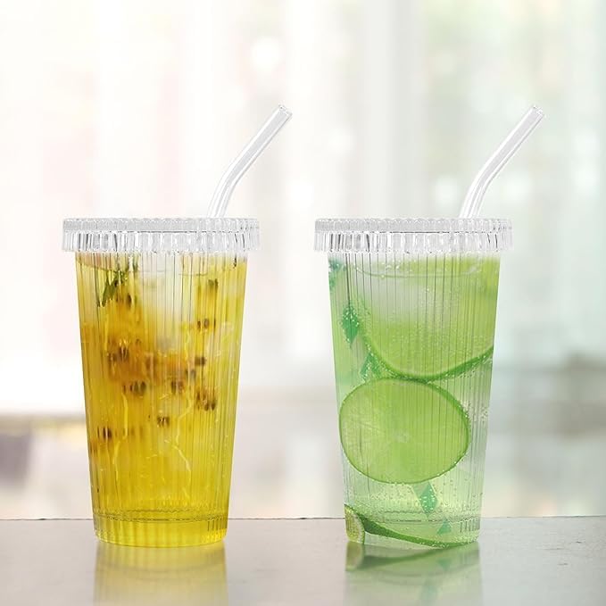 Glass Cups with Lids and Straws, Vertical Striped Glass Water Cup with Lid and Straw, Milk Tea, Juice, Ideal Glasss Cups for Home and Office Use (400ML, Pack of 4, Vertical Striped)