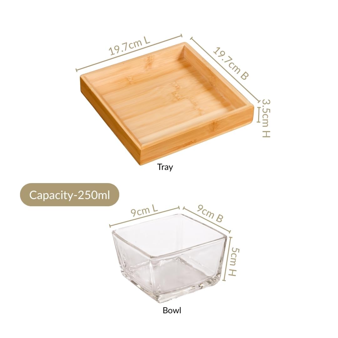 4 Piece Square Glass Bowls Set with Wood Tray, Condiment Dishes Serving Bowls for Fruit Dessert Appetizer Nuts Snacks (4 Serving Bowl with Wooden Tray)
