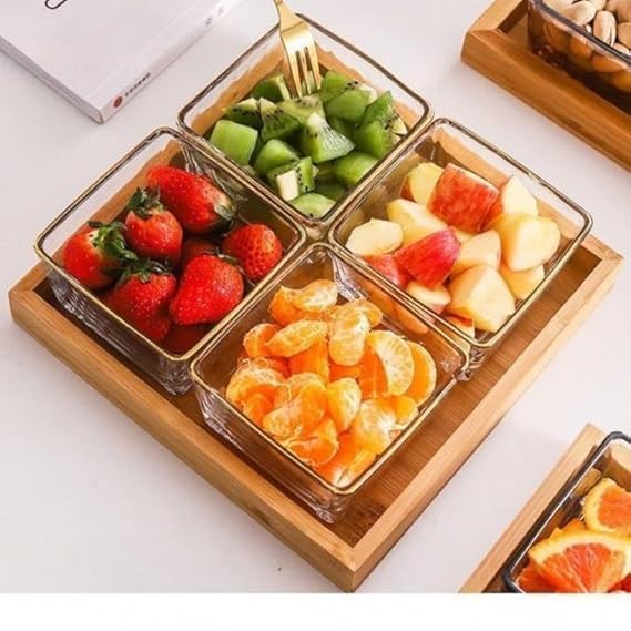 4 Piece Square Glass Bowls Set with Wood Tray, Condiment Dishes Serving Bowls for Fruit Dessert Appetizer Nuts Snacks (4 Serving Bowl with Wooden Tray)