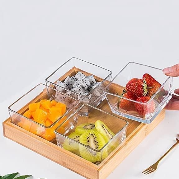 4 Piece Square Glass Bowls Set with Wood Tray, Condiment Dishes Serving Bowls for Fruit Dessert Appetizer Nuts Snacks (4 Serving Bowl with Wooden Tray)