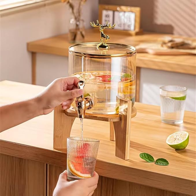 Glass Beverage Dispenser with Wooden Stand, 2.6 Liter Capacity, Airtight Lid, Wide Mouth Design for Juice, Water, Beer, Home and Party Use