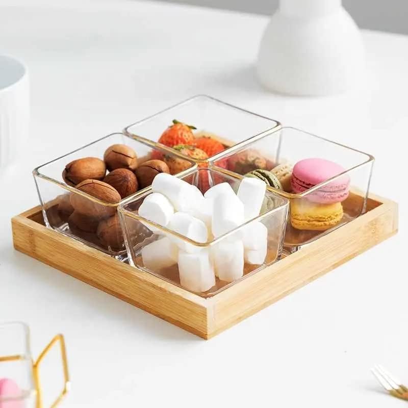 4 Piece Square Glass Bowls Set with Wood Tray, Condiment Dishes Serving Bowls for Fruit Dessert Appetizer Nuts Snacks (4 Serving Bowl with Wooden Tray)