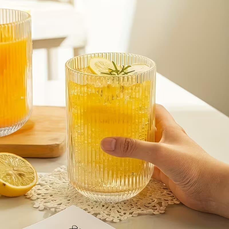 Premium Ribbed Glass Tumbler Set 390 ml | Transparent Drinking Glass for Juice, Water & Beverages | Stylish Kitchen & Dining Glass (Pack of 6)