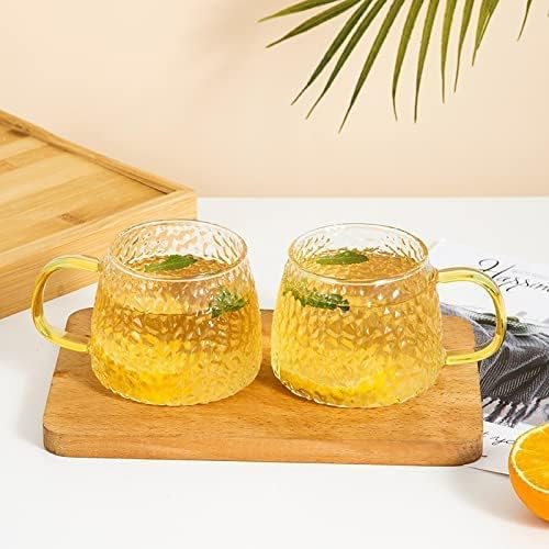 450 ml Golden Handle Glass Mug – 450ml Heat‑Resistant Borosilicate Glass Tea & Coffee Cup with Textured Diamond Design, Microwave & Dishwasher Safe ( set of 4)