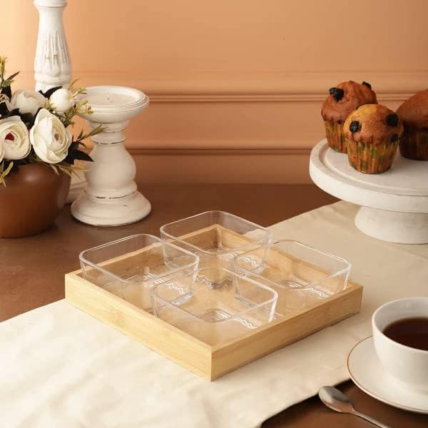 4 Piece Square Glass Bowls Set with Wood Tray, Condiment Dishes Serving Bowls for Fruit Dessert Appetizer Nuts Snacks (4 Serving Bowl with Wooden Tray)