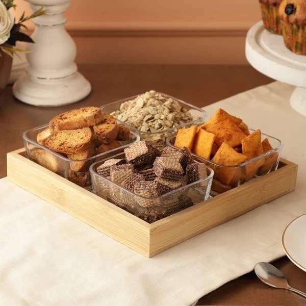 4 Piece Square Glass Bowls Set with Wood Tray, Condiment Dishes Serving Bowls for Fruit Dessert Appetizer Nuts Snacks (4 Serving Bowl with Wooden Tray)