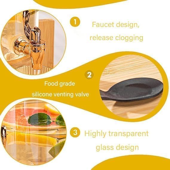 Glass Beverage Dispenser with Wooden Stand, 2.6 Liter Capacity, Airtight Lid, Wide Mouth Design for Juice, Water, Beer, Home and Party Use