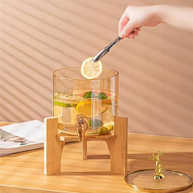 Glass Beverage Dispenser with Wooden Stand, 2.6 Liter Capacity, Airtight Lid, Wide Mouth Design for Juice, Water, Beer, Home and Party Use