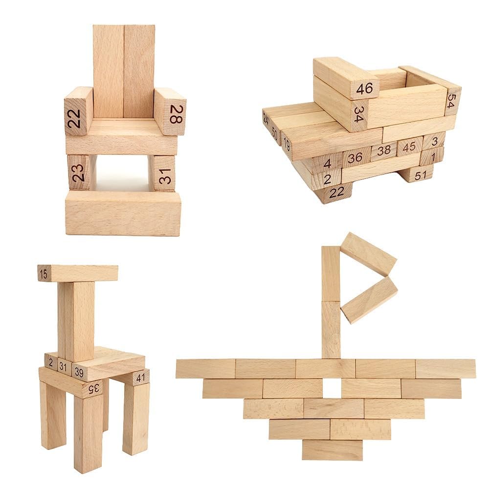 Wooden Block Stacking Game Tumbling Tower Balance Toy with Dice Number Blocks Family Party Educational Game for Kids and Adults (54 PCS Wooden ZENGA Blocks)