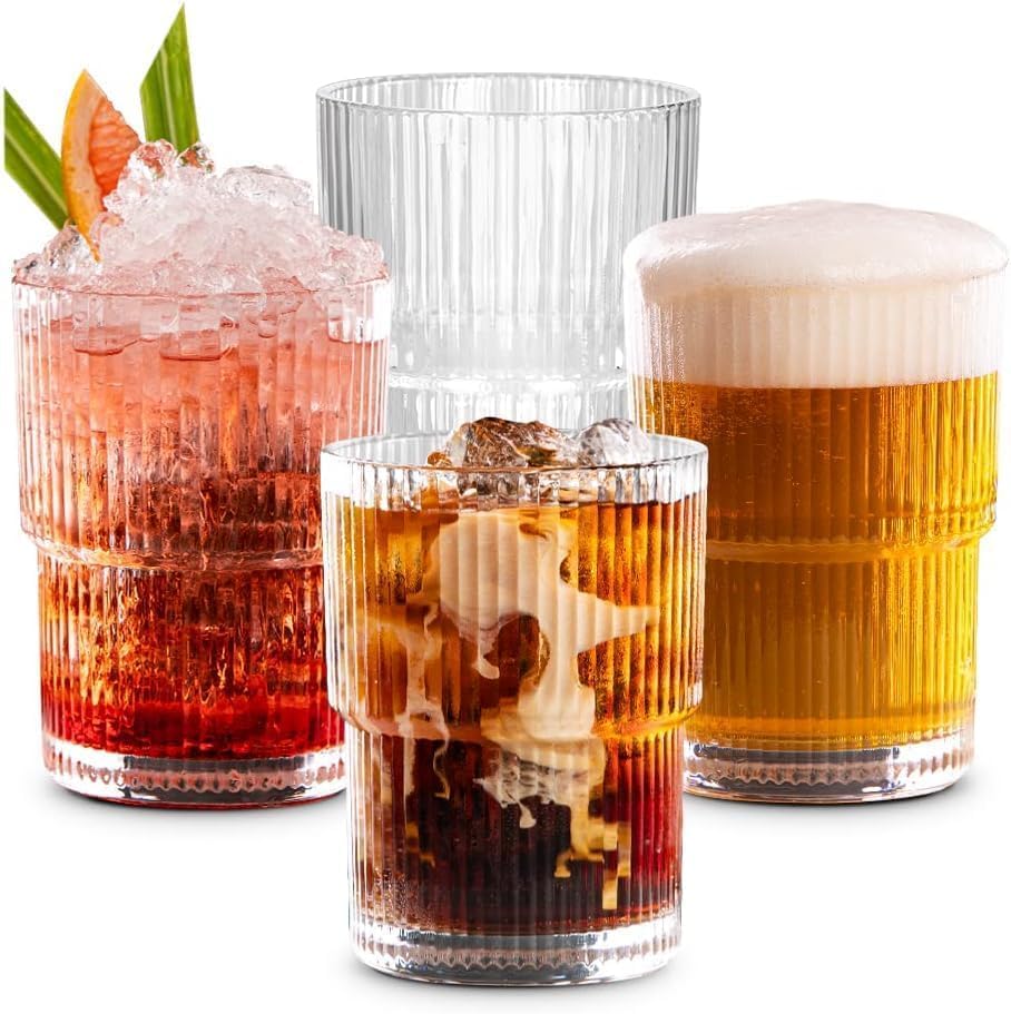 Premium Ribbed Glass Tumbler Set 320 ml | Stylish Drinking Glasses for Juice, Water & Cocktails (Pack of 6)