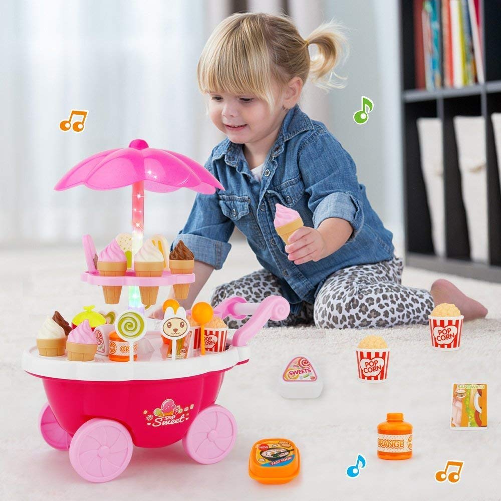 Ice Cream Toy Cart Play Set for Kids - 39-Piece Pretend Play Food - Educational Ice-Cream Trolley Truck Great Gift for Girls and Boys Ages 3 - 12 Years Old(Without Music & Lighting)