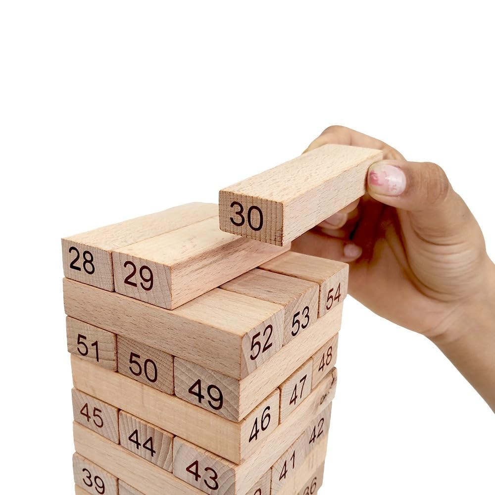 Wooden Block Stacking Game Tumbling Tower Balance Toy with Dice Number Blocks Family Party Educational Game for Kids and Adults (54 PCS Wooden ZENGA Blocks)