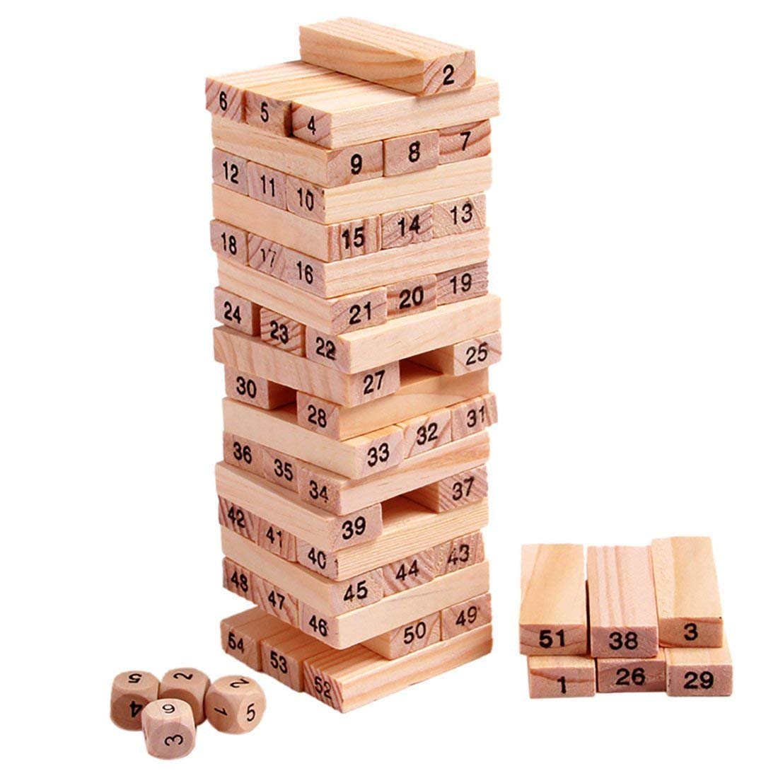 Wooden Block Stacking Game Tumbling Tower Balance Toy with Dice Number Blocks Family Party Educational Game for Kids and Adults (54 PCS Wooden ZENGA Blocks)