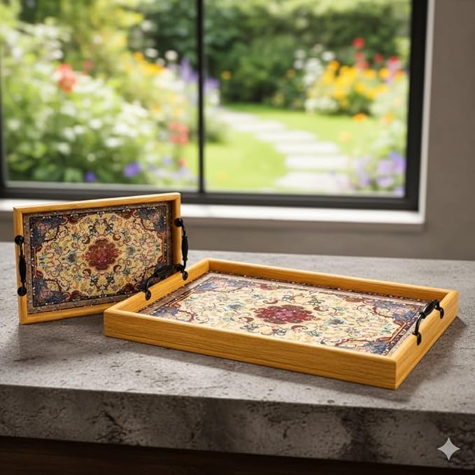 Premium Wooden Serving Tray Set of 2 (13 Inch & 16 Inch) | Persian Design Decorative Trays with Handles | Tea, Coffee, Snack & Breakfast Serving Trays for Home & Gifting