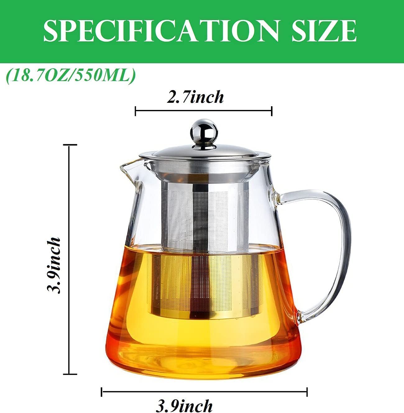 Italian Premium 550 ML Borosilicate Glass Teapot with Stainless Steel Infuser & Lid – Clear Round Tea Kettle for Loose Leaf, Blooming Tea & Fruit Infused Drinks