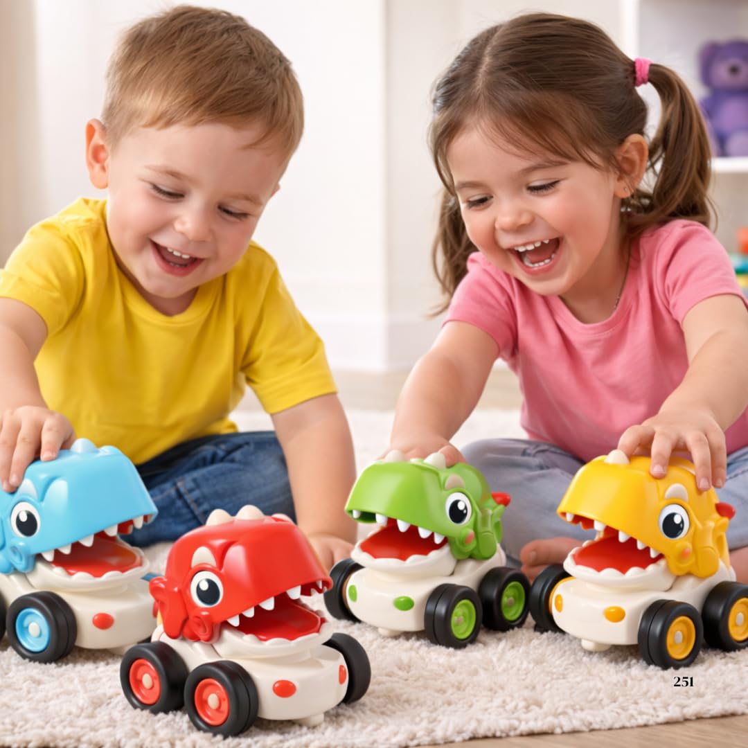 Musical Dino Toy - Light & Sound Dinosaur Car -Press & Go Kids Fun Interactive Toy for Boys & Girls (Pack of 4)