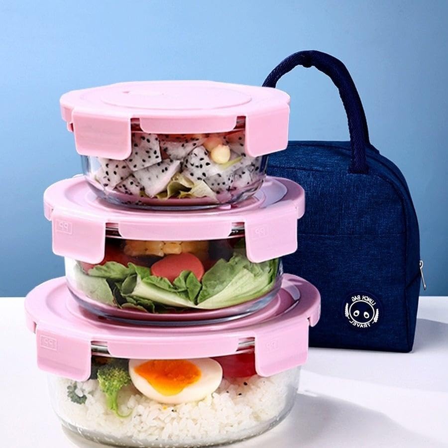 Premium Glass Food Storage Container Set with Airtight Locking Lids 3 Pcs Set Round Nesting Bowls for Kitchen Organization