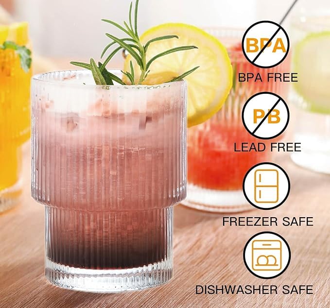 Premium Ribbed Glass Tumbler Set 320 ml | Stylish Drinking Glasses for Juice, Water & Cocktails (Pack of 6)