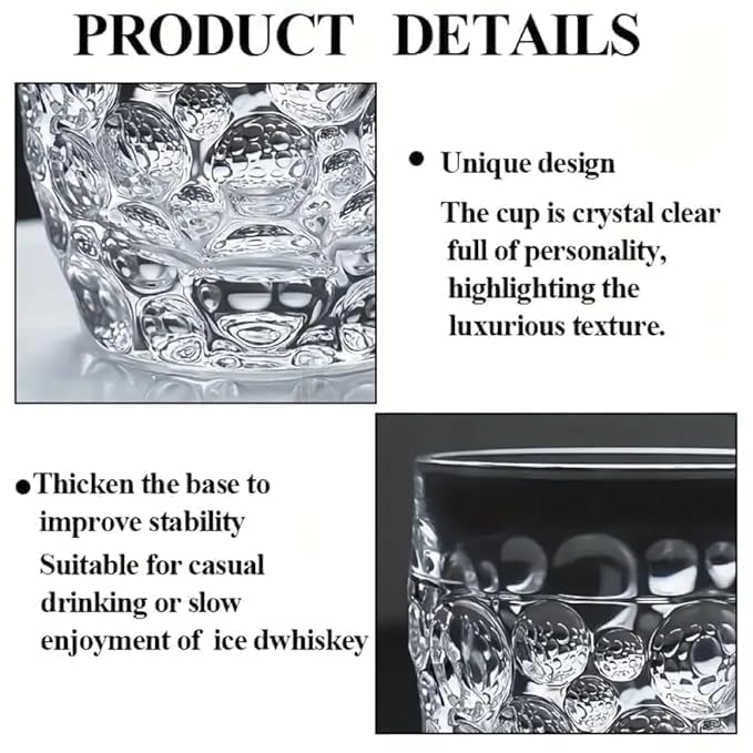Premium Whiskey Glass Bubble 340ml Set of 6 Crystal Whisky Transparent Glassware with Beads Droplet Design Droplets Pattern for Scotch, Bourbon, Cocktails & Spirits Elegant, Durable Barware