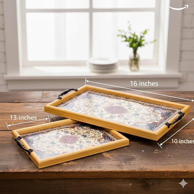 Premium Wooden Serving Tray Set of 2 (13 Inch & 16 Inch) | Persian Design Decorative Trays with Handles | Tea, Coffee, Snack & Breakfast Serving Trays for Home & Gifting