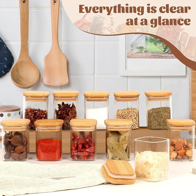 Premium Square Glass Spice Jar Set with Wooden Lid | 320 ML Airtight Kitchen Storage Container for Masala, Herbs & Dry Fruits( Set of 6)