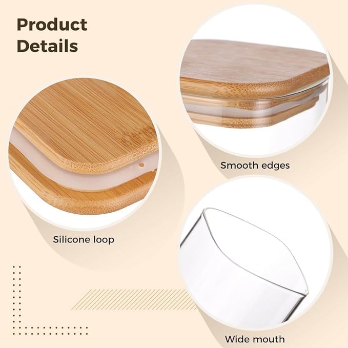 Premium Square Glass Spice Jar Set with Wooden Lid | 320 ML Airtight Kitchen Storage Container for Masala, Herbs & Dry Fruits( Set of 6)