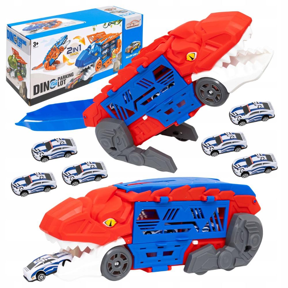 Dinosaur Parking Lot Playset for Kids – 2-in-1 Dino Garage with Launcher, Storage Compartment & 1:64 Alloy Mini Racing Cars, Transforming Dinosaur Car Toy for 3+ Years Boys & Girls