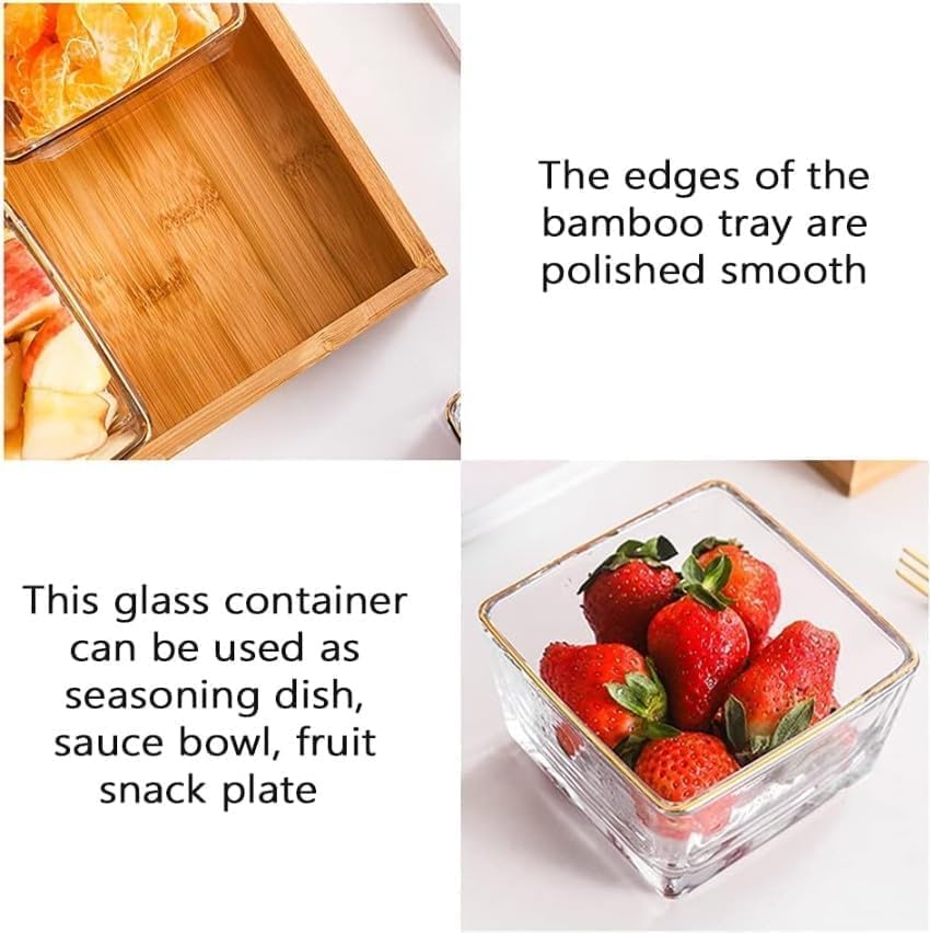 4 Piece Square Glass Bowls Set with Wood Tray, Condiment Dishes Serving Bowls for Fruit Dessert Appetizer Nuts Snacks (4 Serving Bowl with Wooden Tray)
