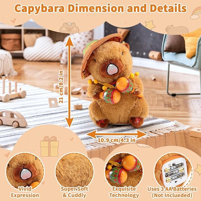 Capybara Musical & Talking Plush Toy 25 cm - Interactive Dancing Stuffed Animal Mimicking Repeating What You Say - Musical Toy for Kids, Musical Funny Toy, Singing Talking Toy for Kids & Toddlers