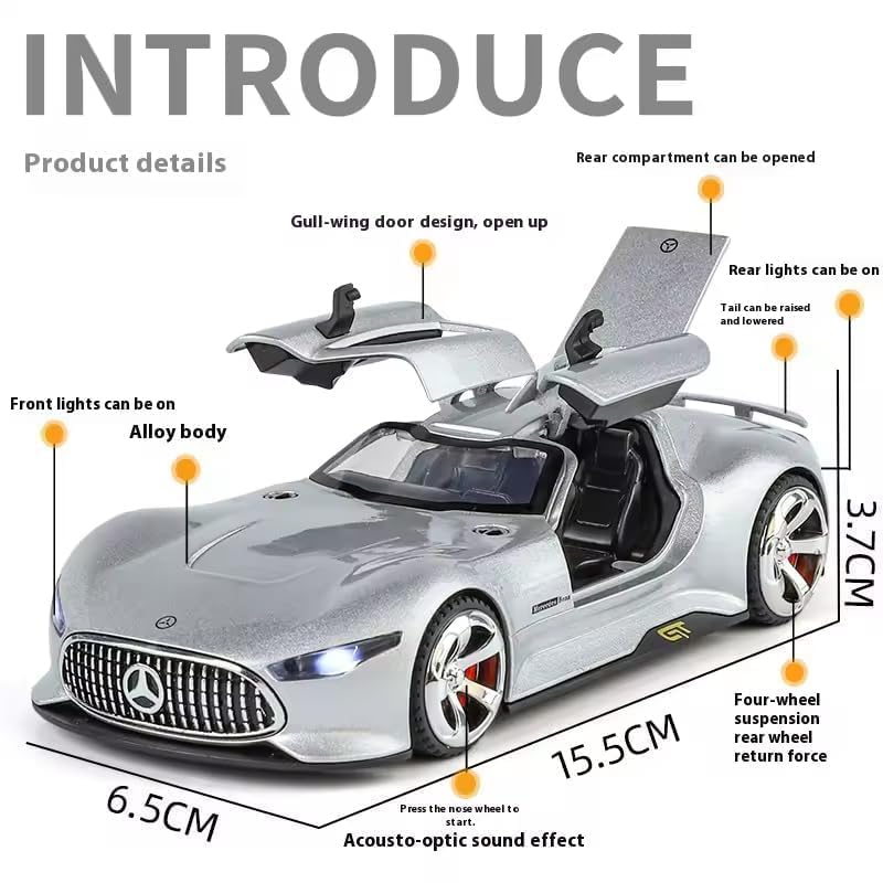 Compatible for 1:32 Scale Mercedes Vision AMG GT Diecast Toy Car Model | Pull Back Alloy Metal Toy with Openable Doors, Realistic Sound & Light