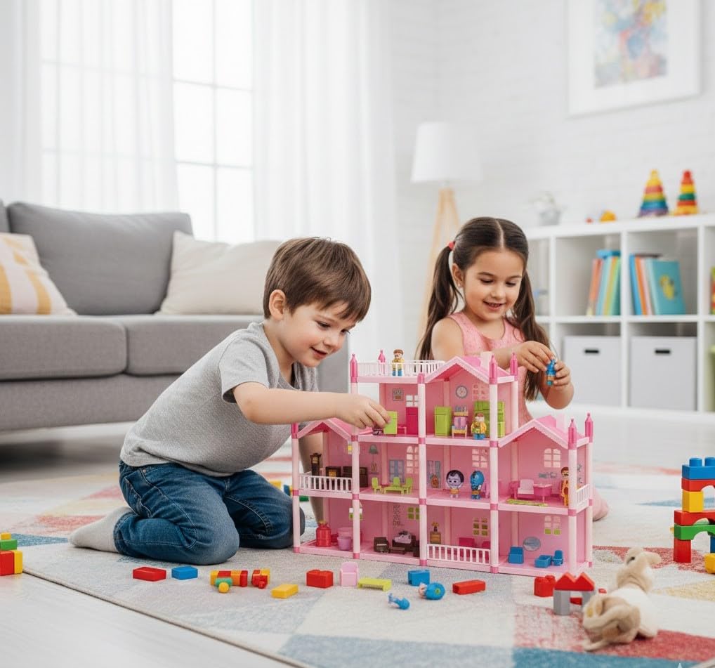 Lovely House Multi Level Doll House Toy | 201 Pieces DIY Dream Home Playset with Furniture & Figures | Easy Assemble Dollhouse for Kids Girls Age 3+