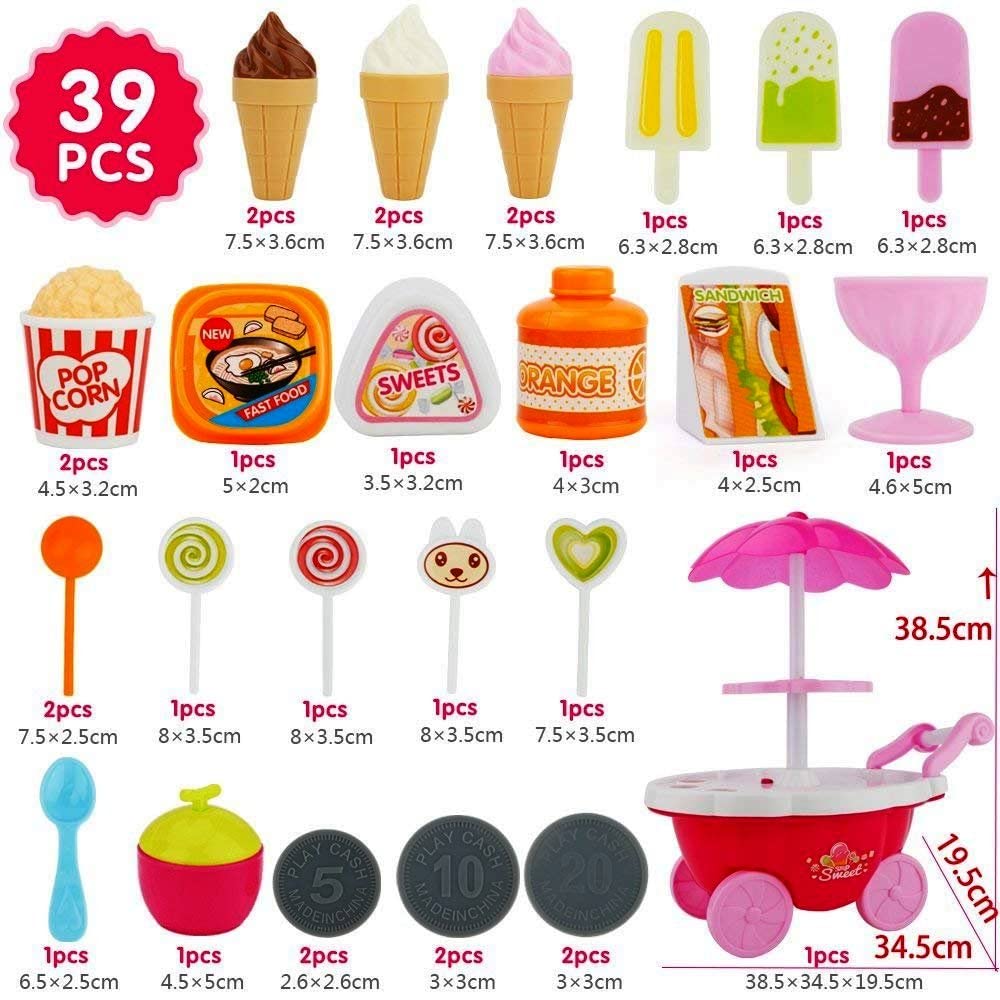 Ice Cream Toy Cart Play Set for Kids - 39-Piece Pretend Play Food - Educational Ice-Cream Trolley Truck Great Gift for Girls and Boys Ages 3 - 12 Years Old(Without Music & Lighting)