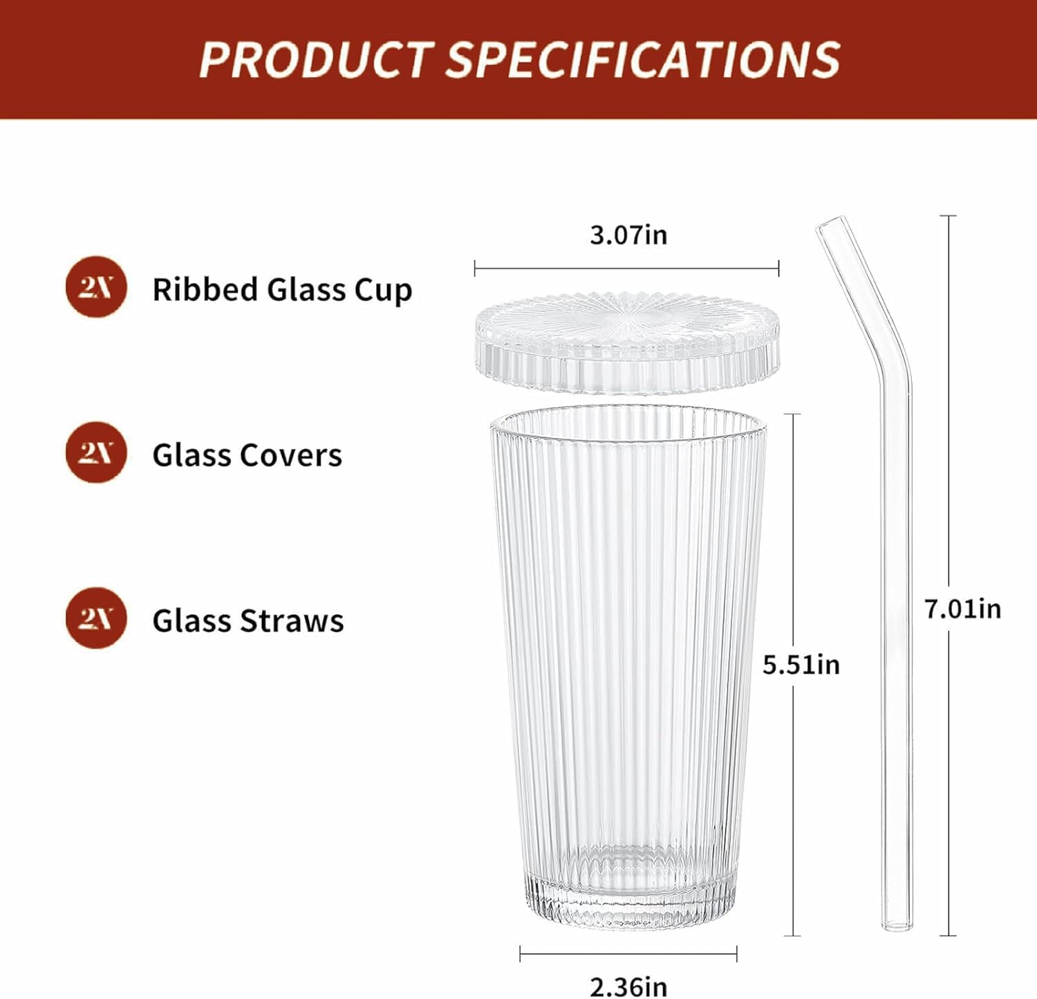 Glass Cups with Lids and Straws, Vertical Striped Glass Water Cup with Lid and Straw, Milk Tea, Juice, Ideal Glasss Cups for Home and Office Use (400ML, Pack of 4, Vertical Striped)