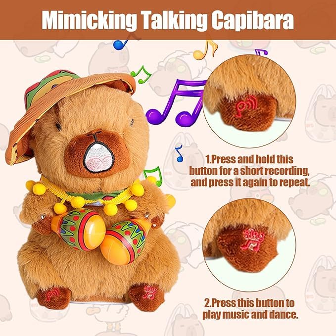 Capybara Musical & Talking Plush Toy 25 cm - Interactive Dancing Stuffed Animal Mimicking Repeating What You Say - Musical Toy for Kids, Musical Funny Toy, Singing Talking Toy for Kids & Toddlers