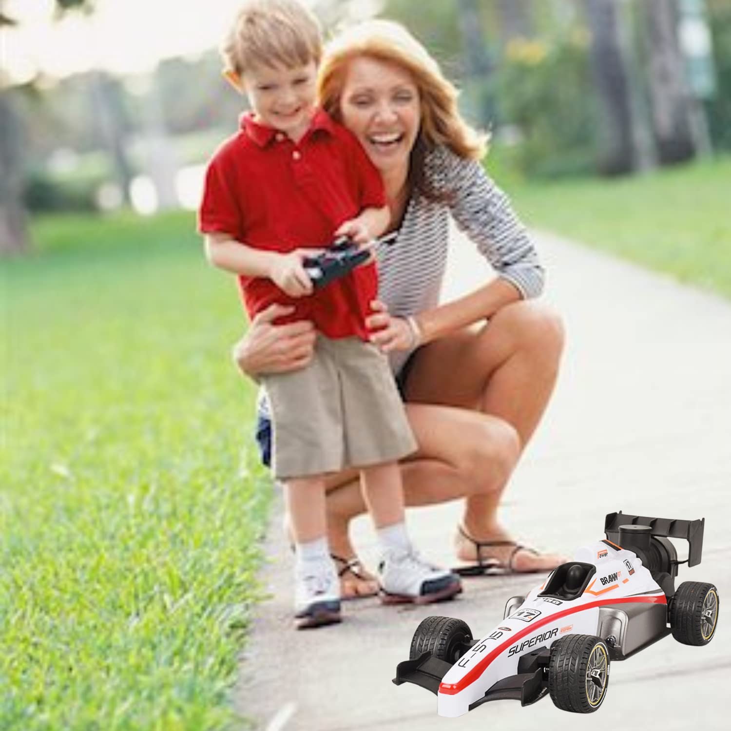 High-Speed Remote Control Formula Racing Model Car Toy - Blue/Red Strips I Scale 1:14 and Large Size 29 cm I Pack of 1 I White Colour with Red