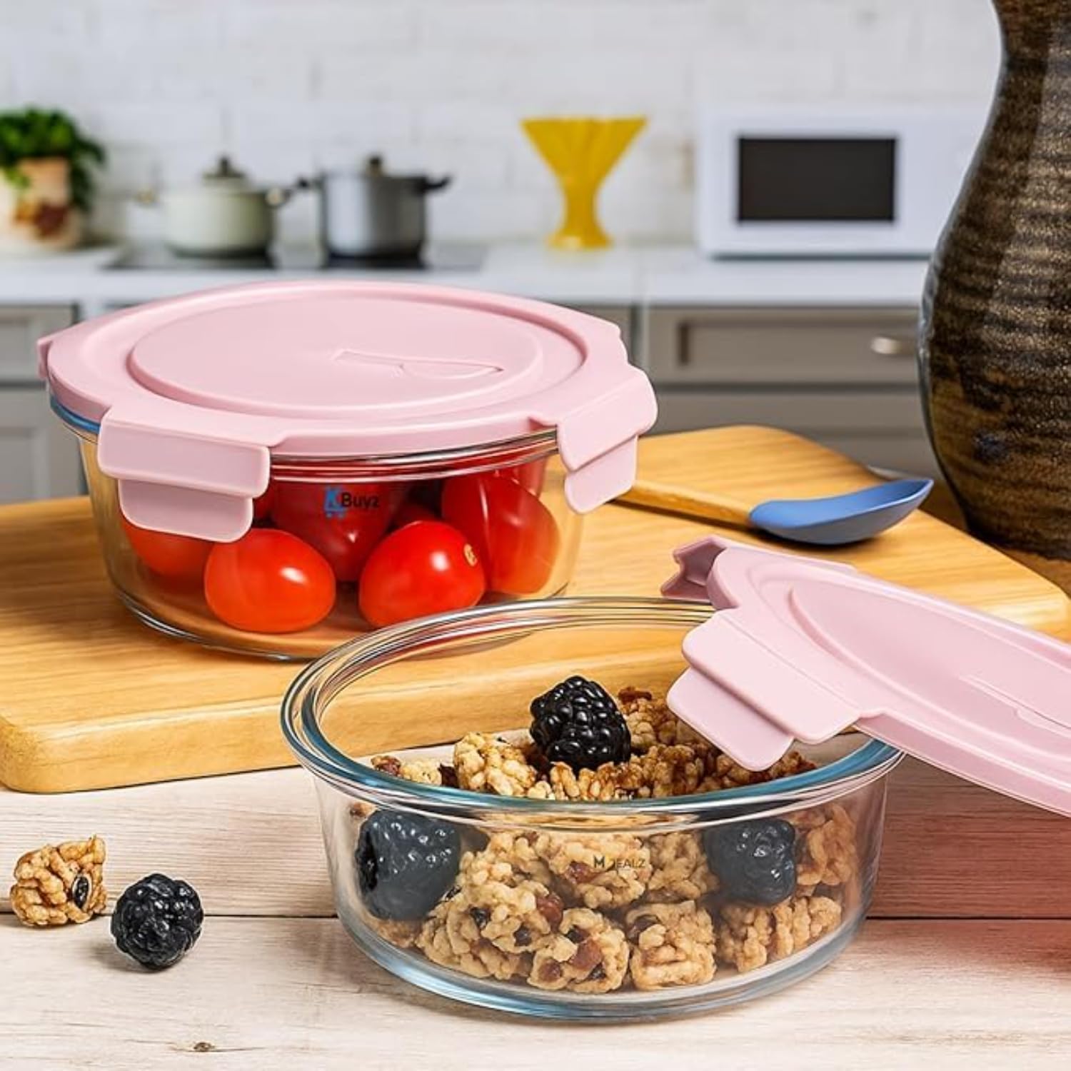 Premium Glass Food Storage Container Set with Airtight Locking Lids 3 Pcs Set Round Nesting Bowls for Kitchen Organization
