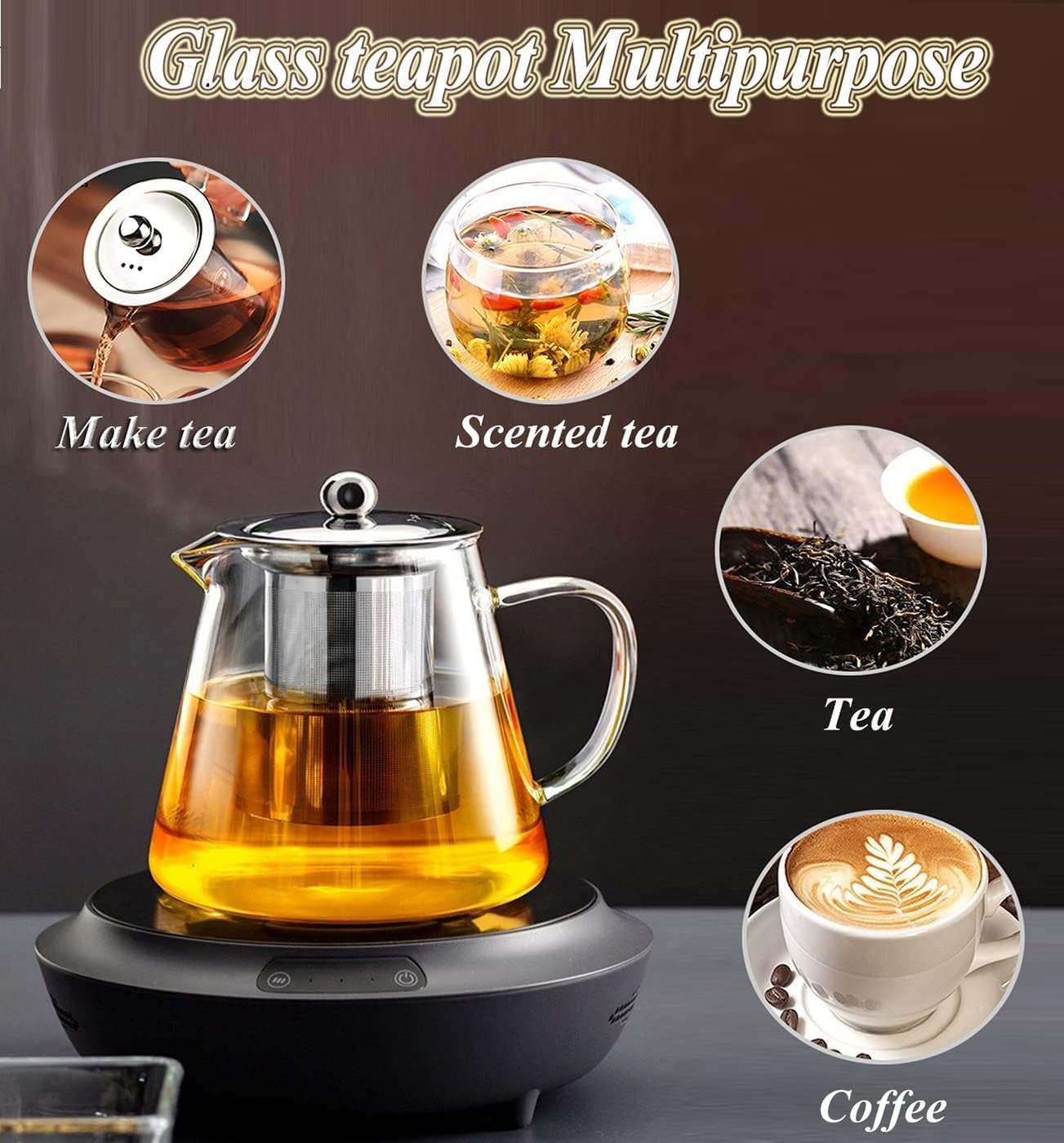 Italian Premium 550 ML Borosilicate Glass Teapot with Stainless Steel Infuser & Lid – Clear Round Tea Kettle for Loose Leaf, Blooming Tea & Fruit Infused Drinks
