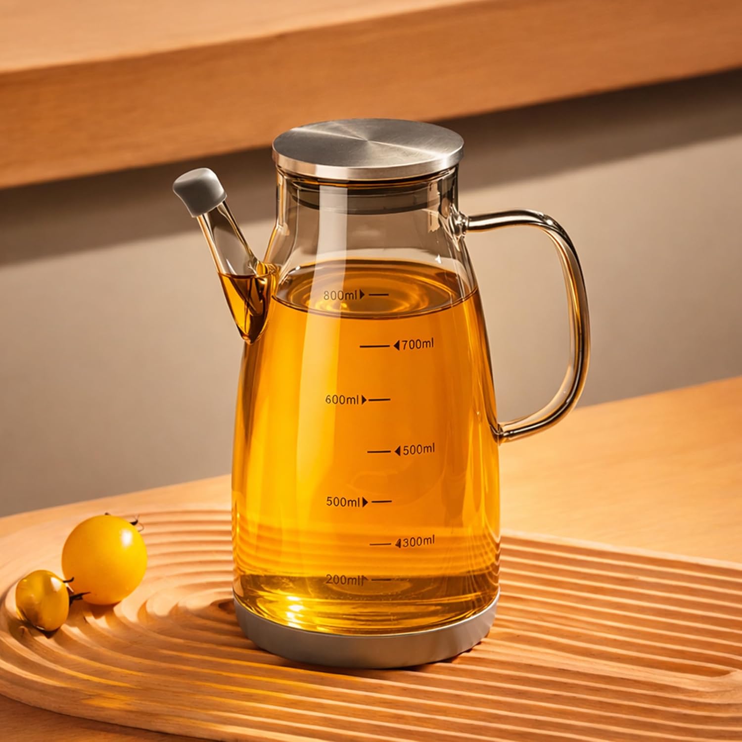 Glass Oil Dispenser Bottle 1000ml for Kitchen | Leakproof Olive Oil Bottle with Pourer | Borosilicate Glass, Measurement Scale, Drip Free Spout