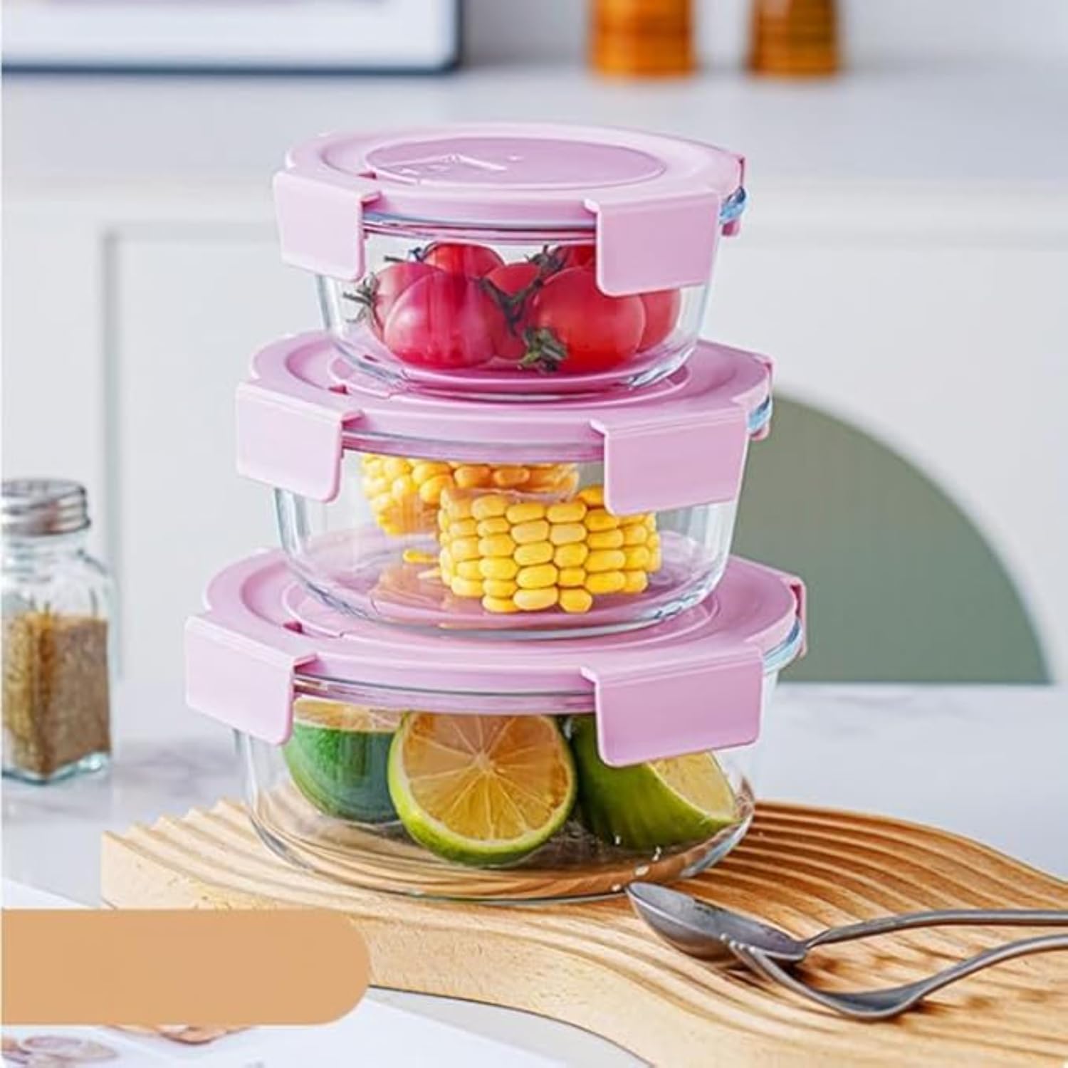 Premium Glass Food Storage Container Set with Airtight Locking Lids 3 Pcs Set Round Nesting Bowls for Kitchen Organization