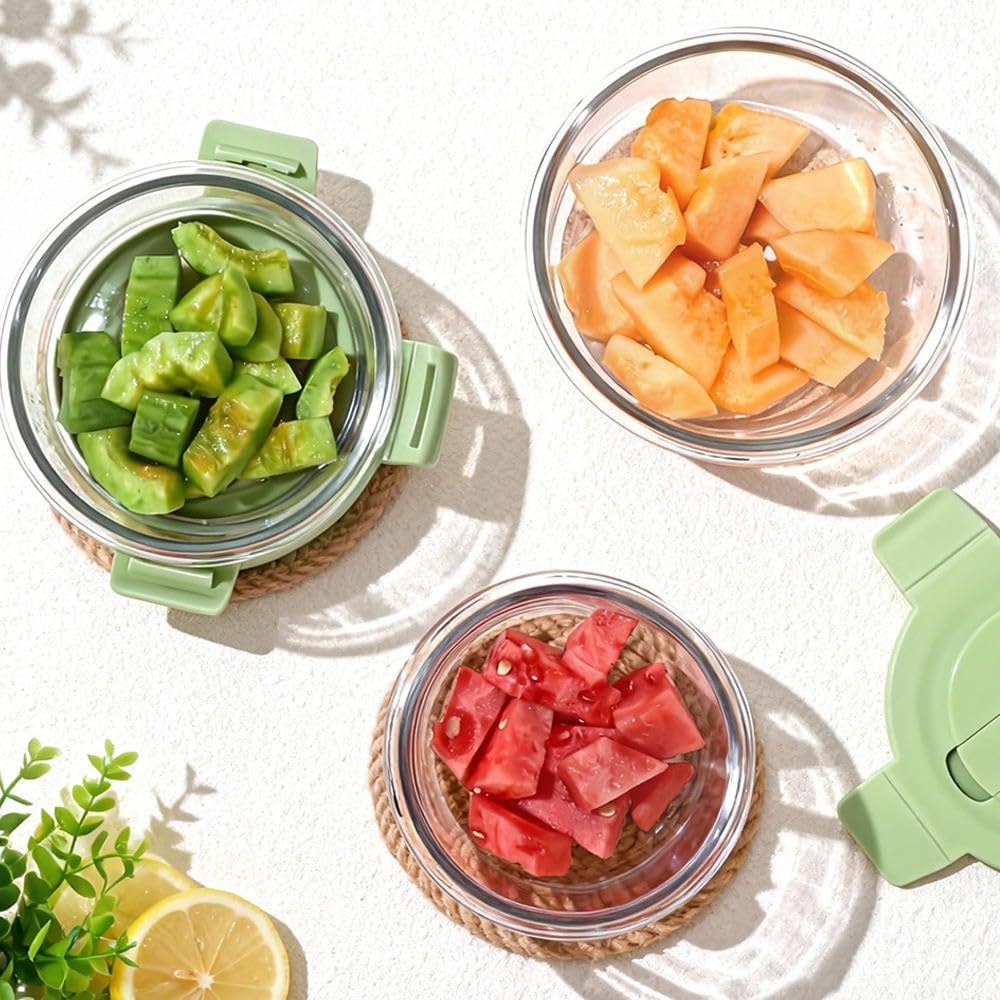 Premium Glass Food Storage Container Set with Airtight Locking Lids 3 Pcs Set Round Nesting Bowls for Kitchen Organization