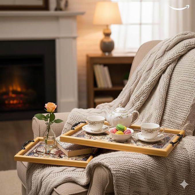 Premium Wooden Serving Tray Set of 2 (13 Inch & 16 Inch) | Persian Design Decorative Trays with Handles | Tea, Coffee, Snack & Breakfast Serving Trays for Home & Gifting