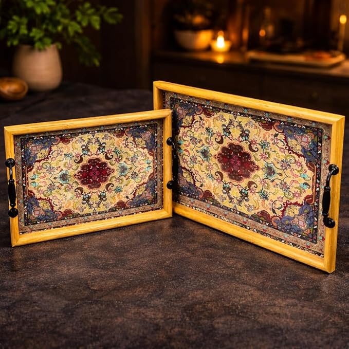 Premium Wooden Serving Tray Set of 2 (13 Inch & 16 Inch) | Persian Design Decorative Trays with Handles | Tea, Coffee, Snack & Breakfast Serving Trays for Home & Gifting
