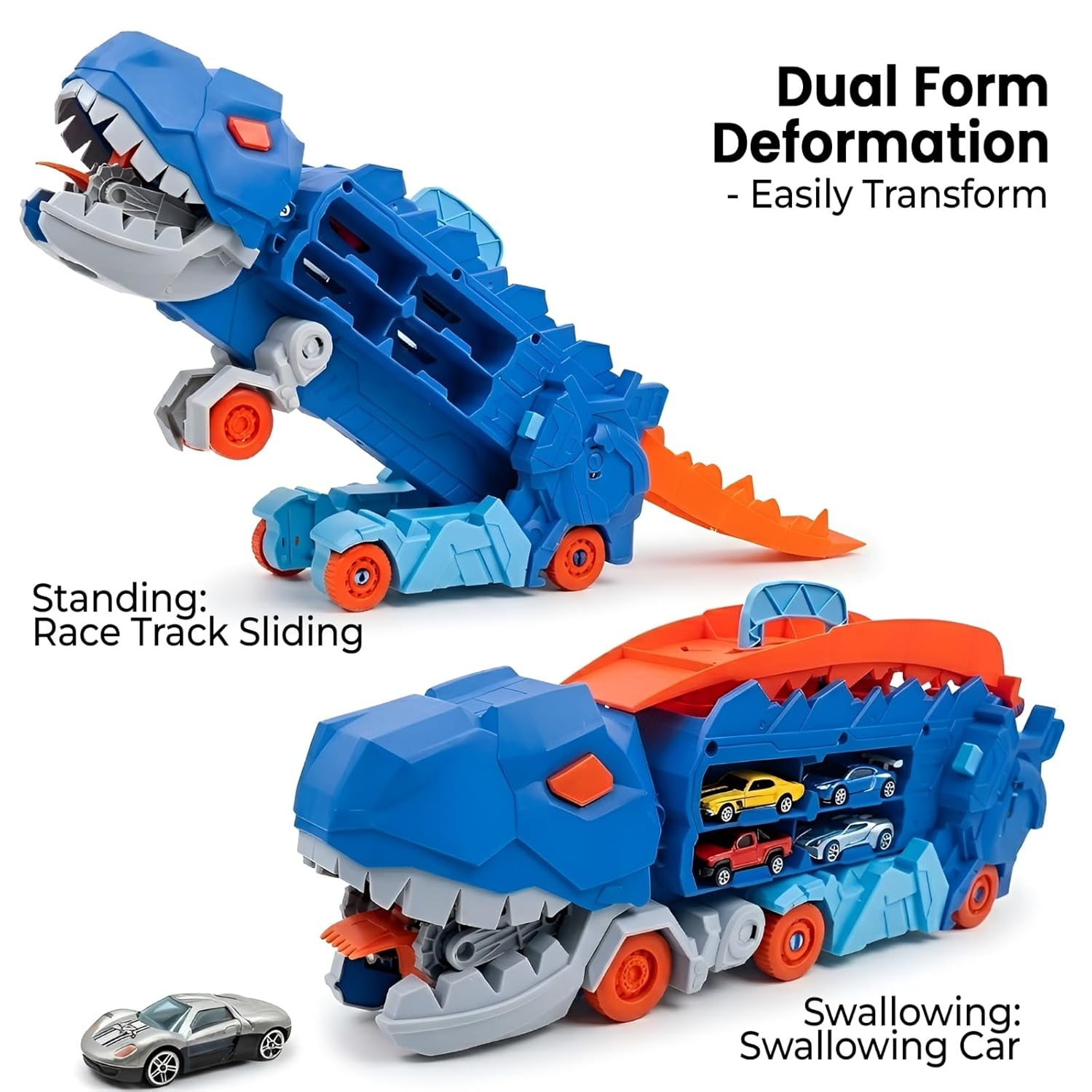 Dinosaur Parking Lot Playset for Kids – 2-in-1 Dino Garage with Launcher, Storage Compartment & 1:64 Alloy Mini Racing Cars, Transforming Dinosaur Car Toy for 3+ Years Boys & Girls