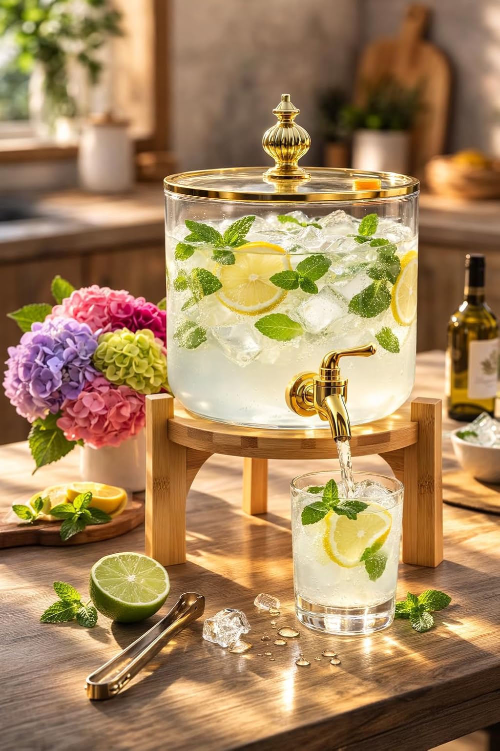 Glass Beverage Dispenser with Wooden Stand, 2.6 Liter Capacity, Airtight Lid, Wide Mouth Design for Juice, Water, Beer, Home and Party Use